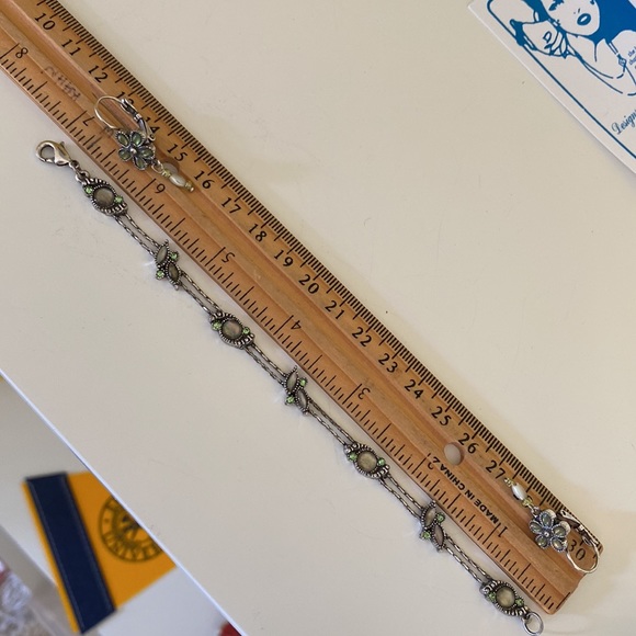 Handmade Silver Bracelet & Earrings Green & Opalescent oval round Gemstones Set - Picture 10 of 13